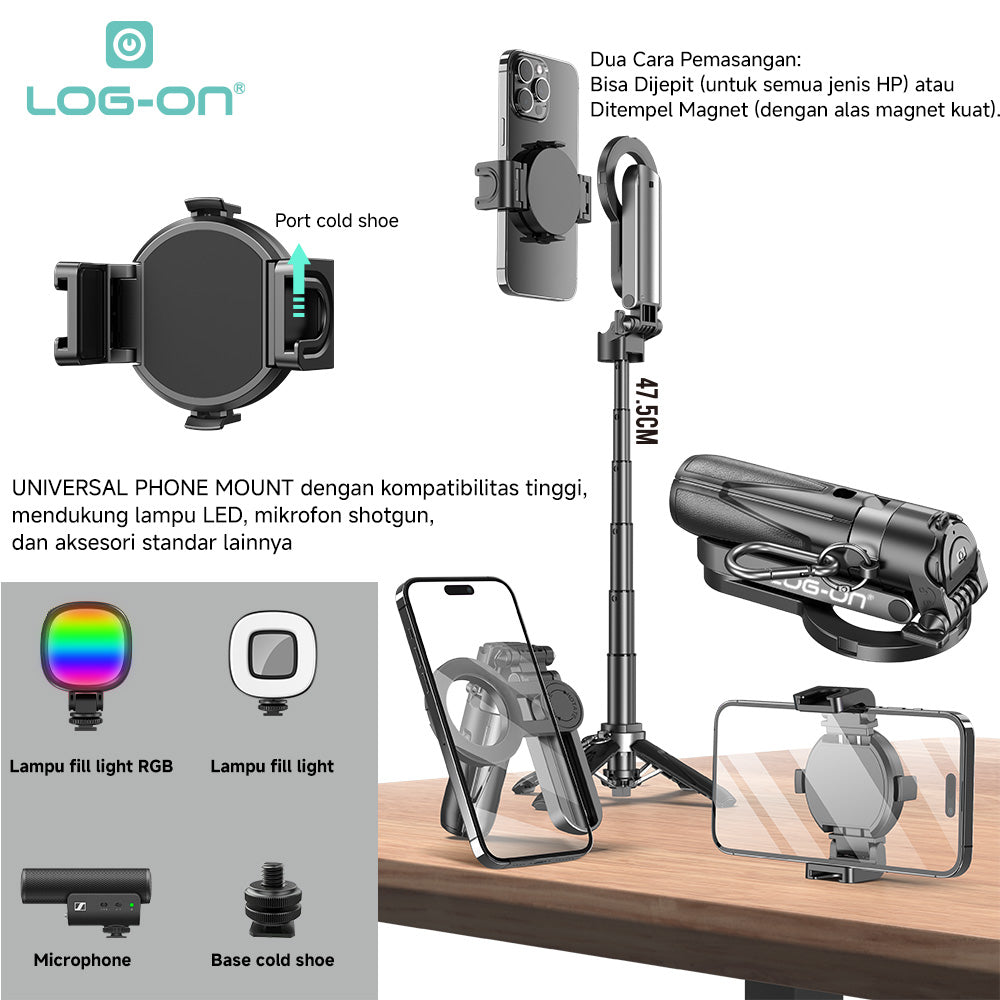 LOG ON MAGNETIC TRIPOD PRO MINI BLUETOOTH 5.2 PHONE GRIP 47.5CM LO-TS01