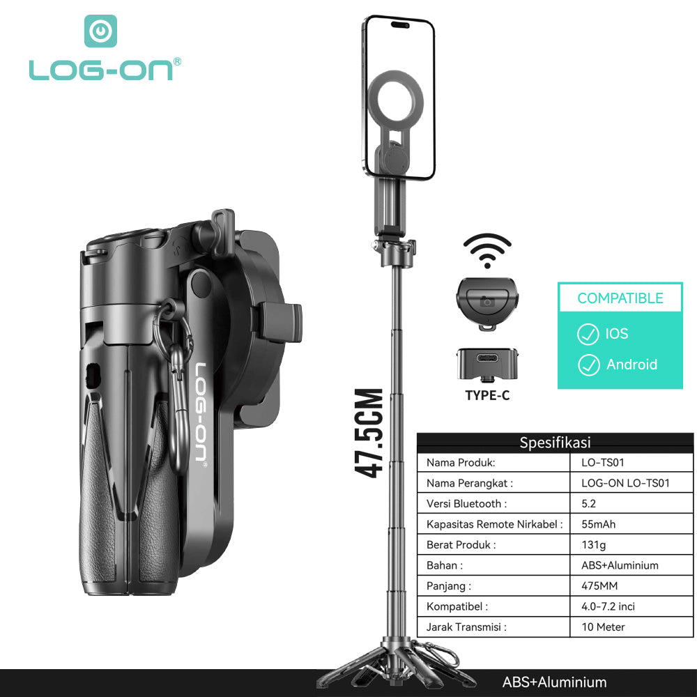 LOG ON MAGNETIC TRIPOD PRO MINI BLUETOOTH 5.2 PHONE GRIP 47.5CM LO-TS01