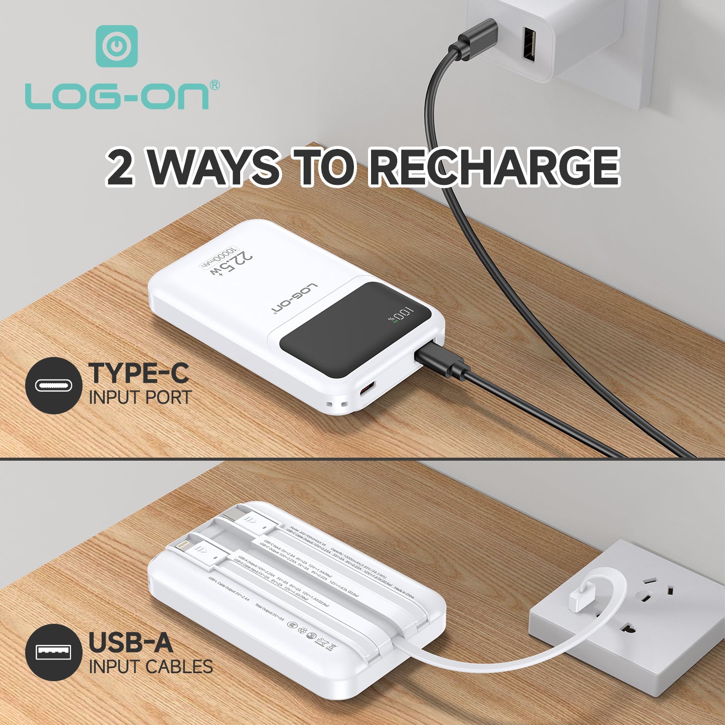 LOG ON POWERBANK 22.5W 10.000mAh HULK VII JGO-700H BUILT IN CABLE USB, IPHONE, TYPE C FAST CHARGING-GARANSI RESMI