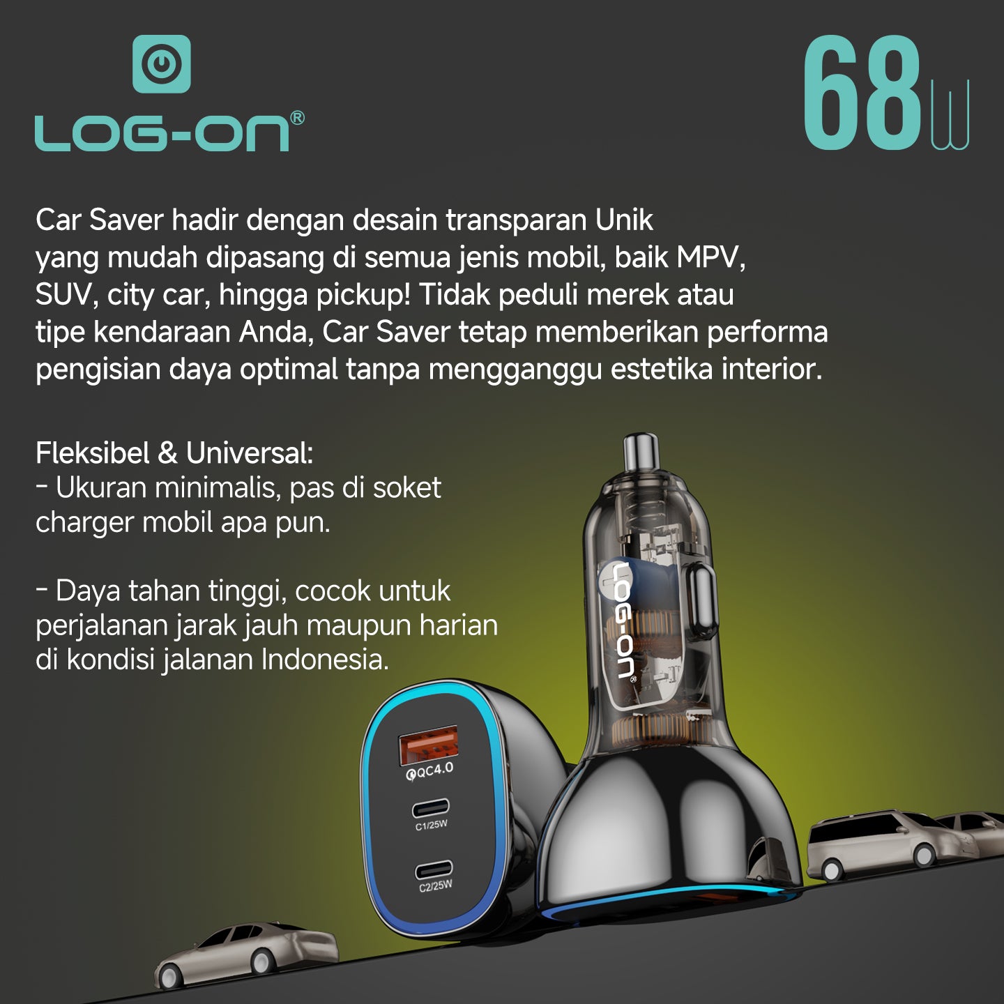 LOG-ON FAST CAR CHARGER 68W LO-SV36 PD QC 3PORT (HANYA KEPALA CHARGER) FAST CHARGING MOBIL