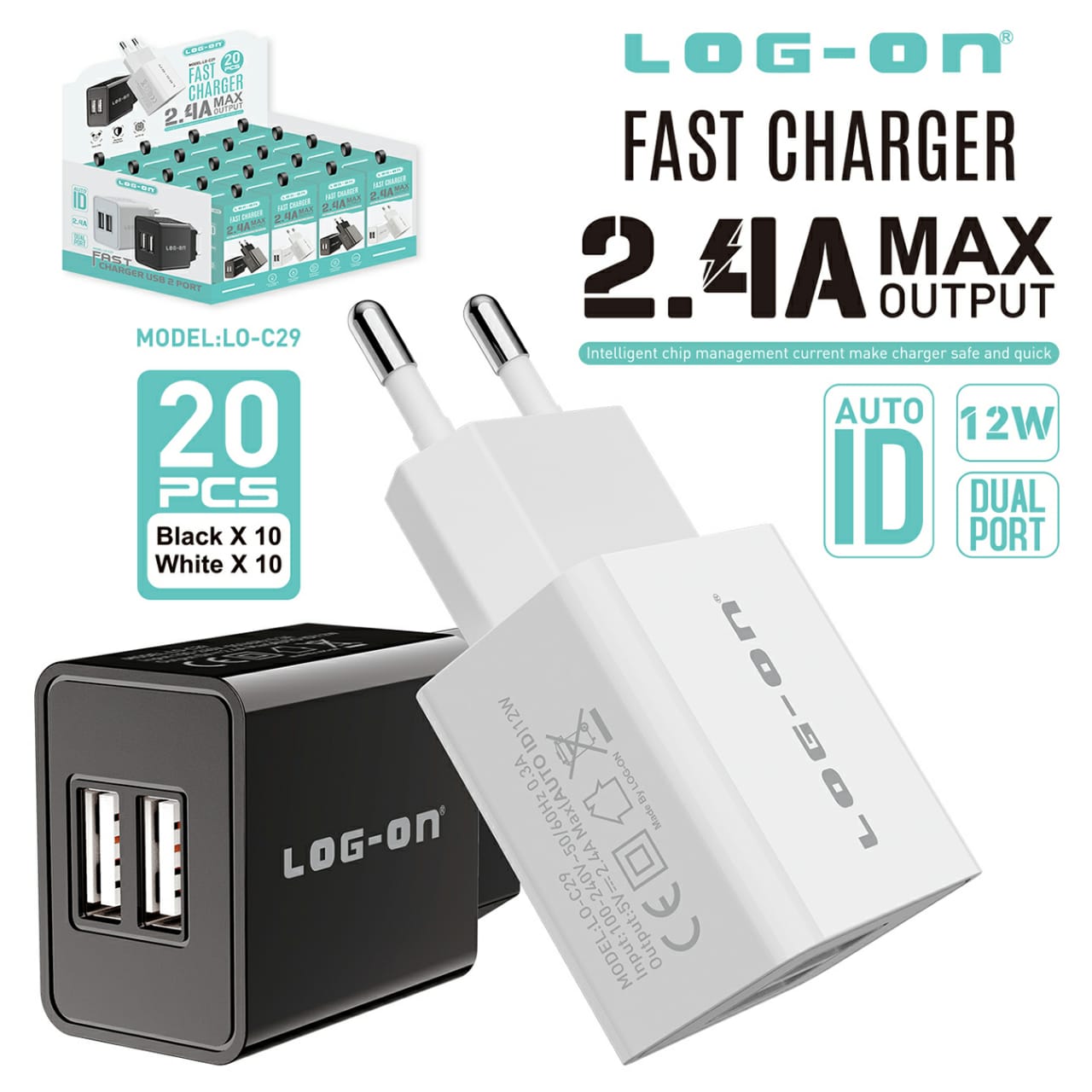 LOG ON BATOK DUAL USB 2.4A LO-C29 FAST ADAPTOR CHARGER 2USB