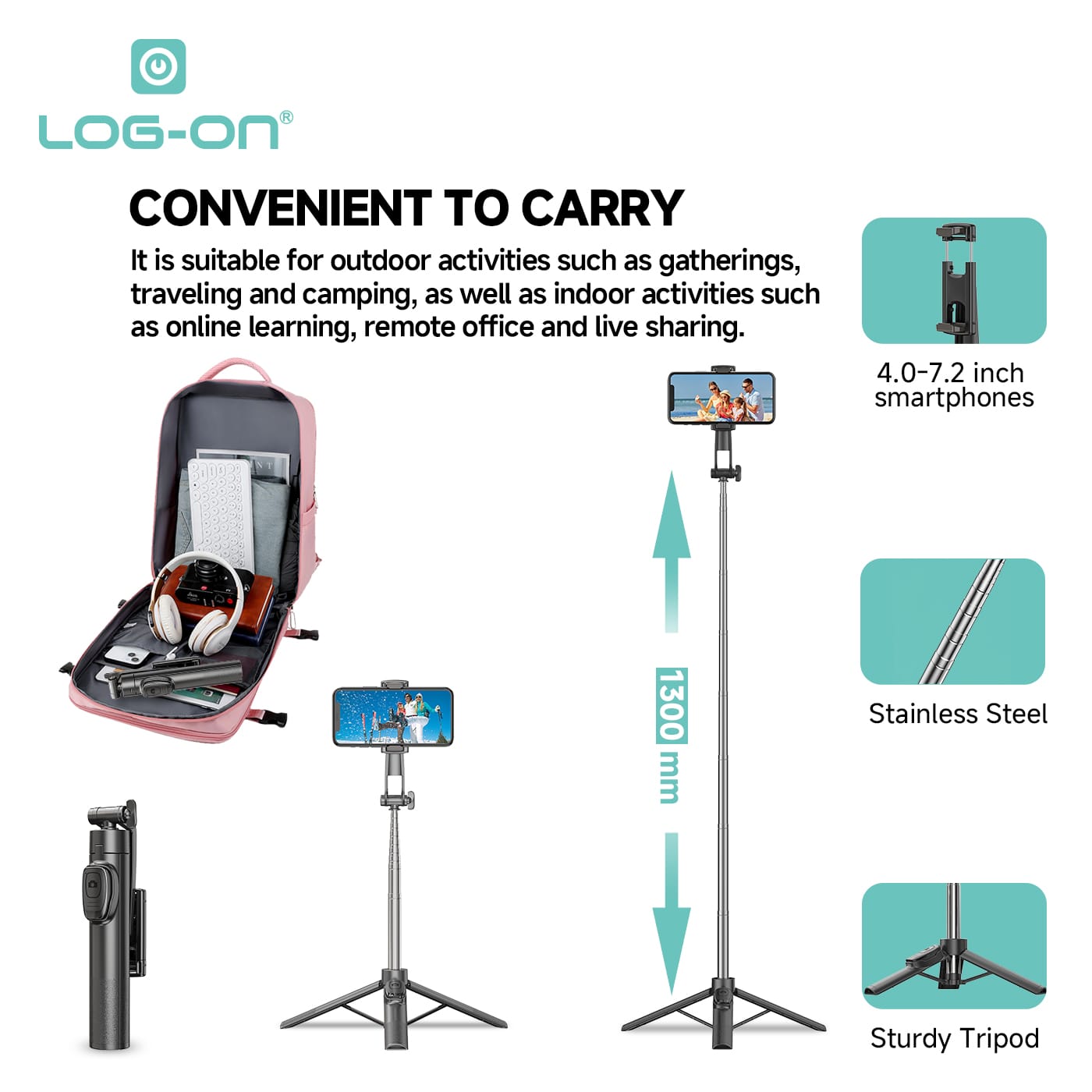 LOG ON WIRELESS SELFIE STICK 130 CM ULTRA HEIGHT LO-TS01 TONGSIS BLUETOOTH TRIPOD BLUETOOTH