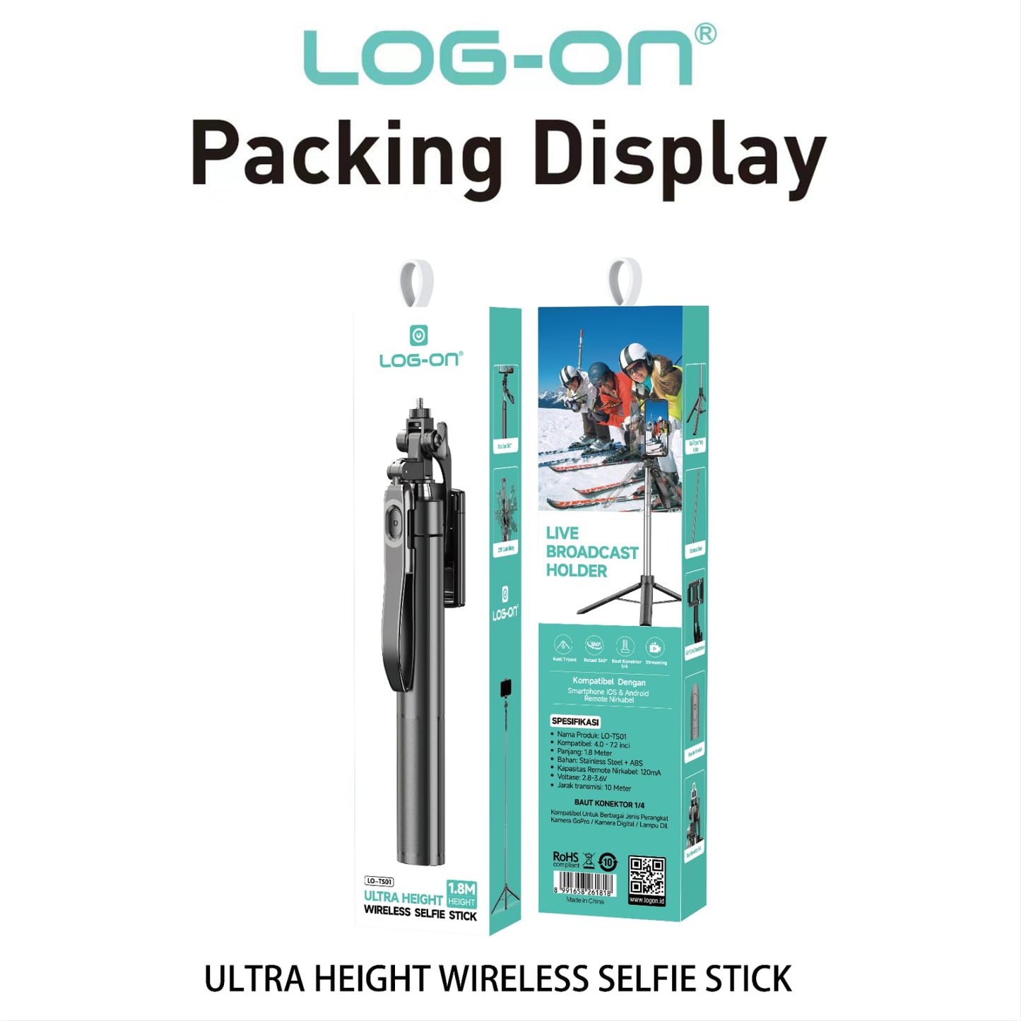 LOG ON WIRELESS SELFIE STICK 180CM ULTRA HEIGHT LO-TS01 TONGSIS BLUETOOTH TRIPOD BLUETOOTH