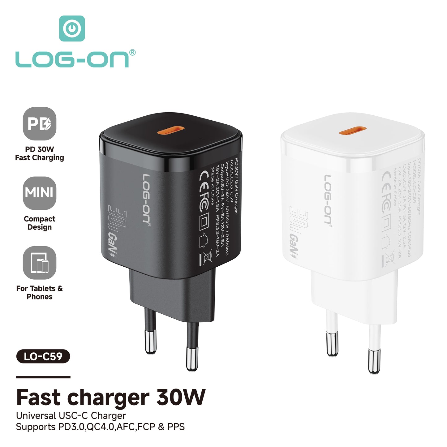 LOG ON ADAPTER QUICK CHARGER 30W LO-C59 Powered by GaN FAst Charging