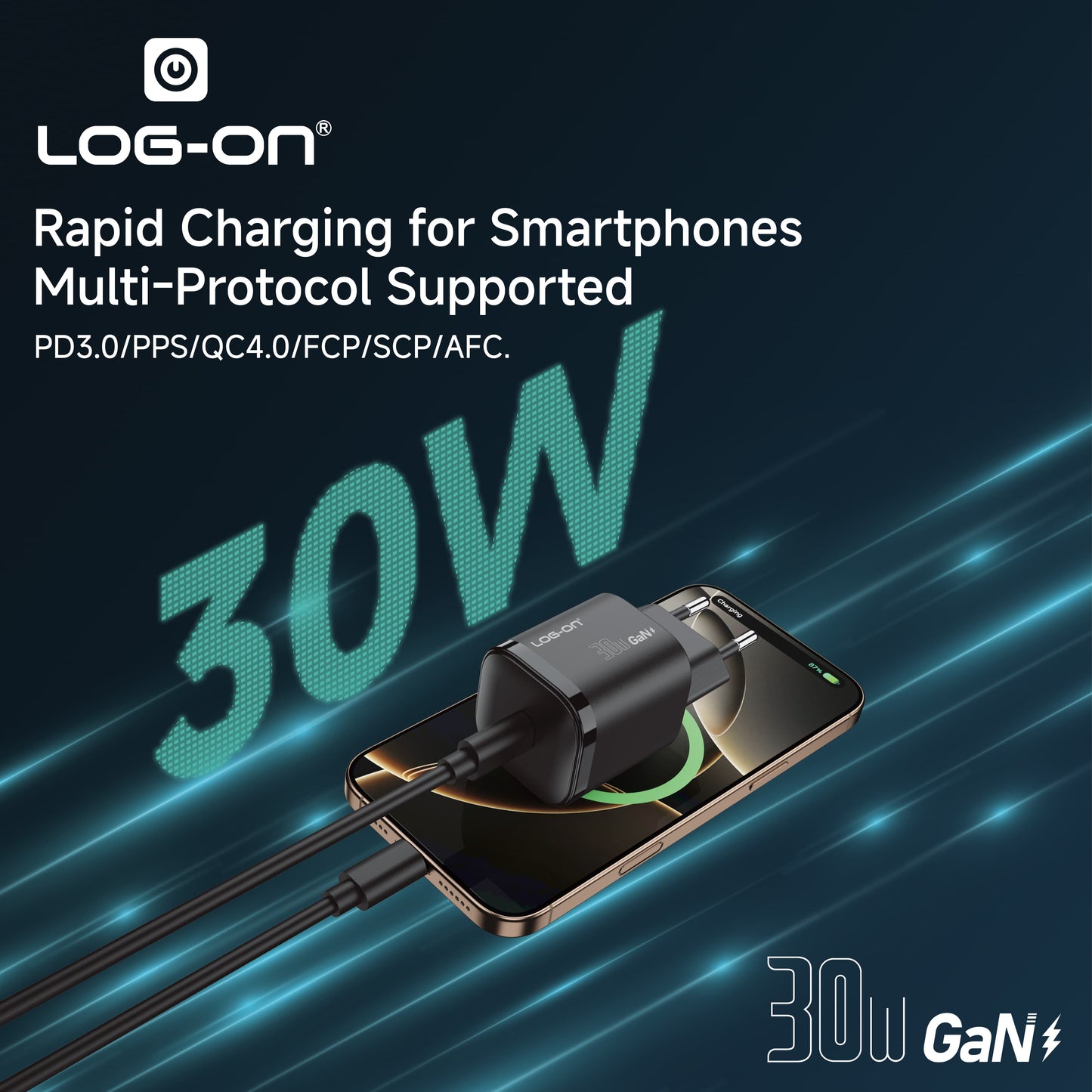 LOG ON ADAPTER QUICK CHARGER 30W LO-C59 Powered by GaN FAst Charging