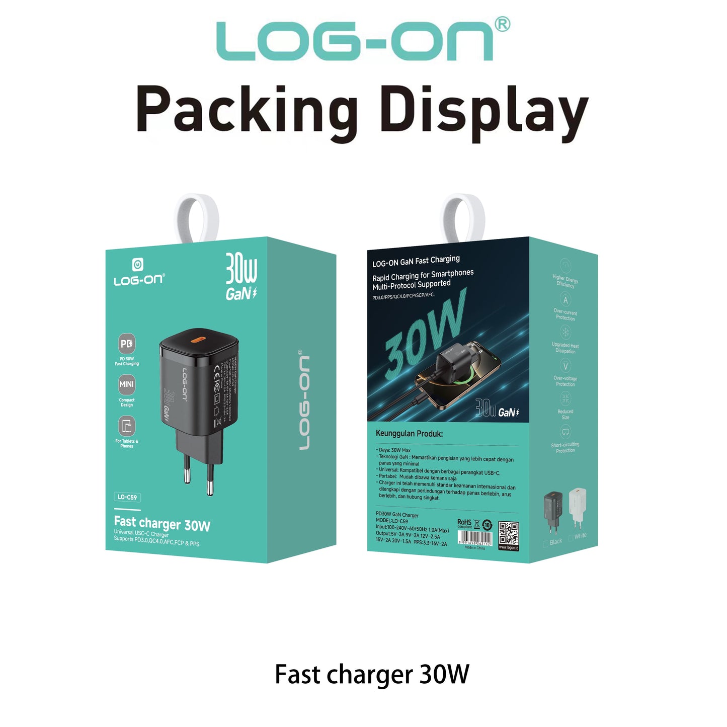 LOG ON ADAPTER QUICK CHARGER 30W LO-C59 Powered by GaN FAst Charging