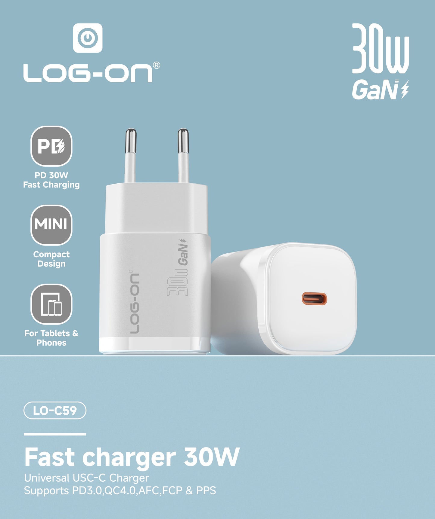 LOG ON ADAPTER QUICK CHARGER 30W LO-C59 Powered by GaN FAst Charging