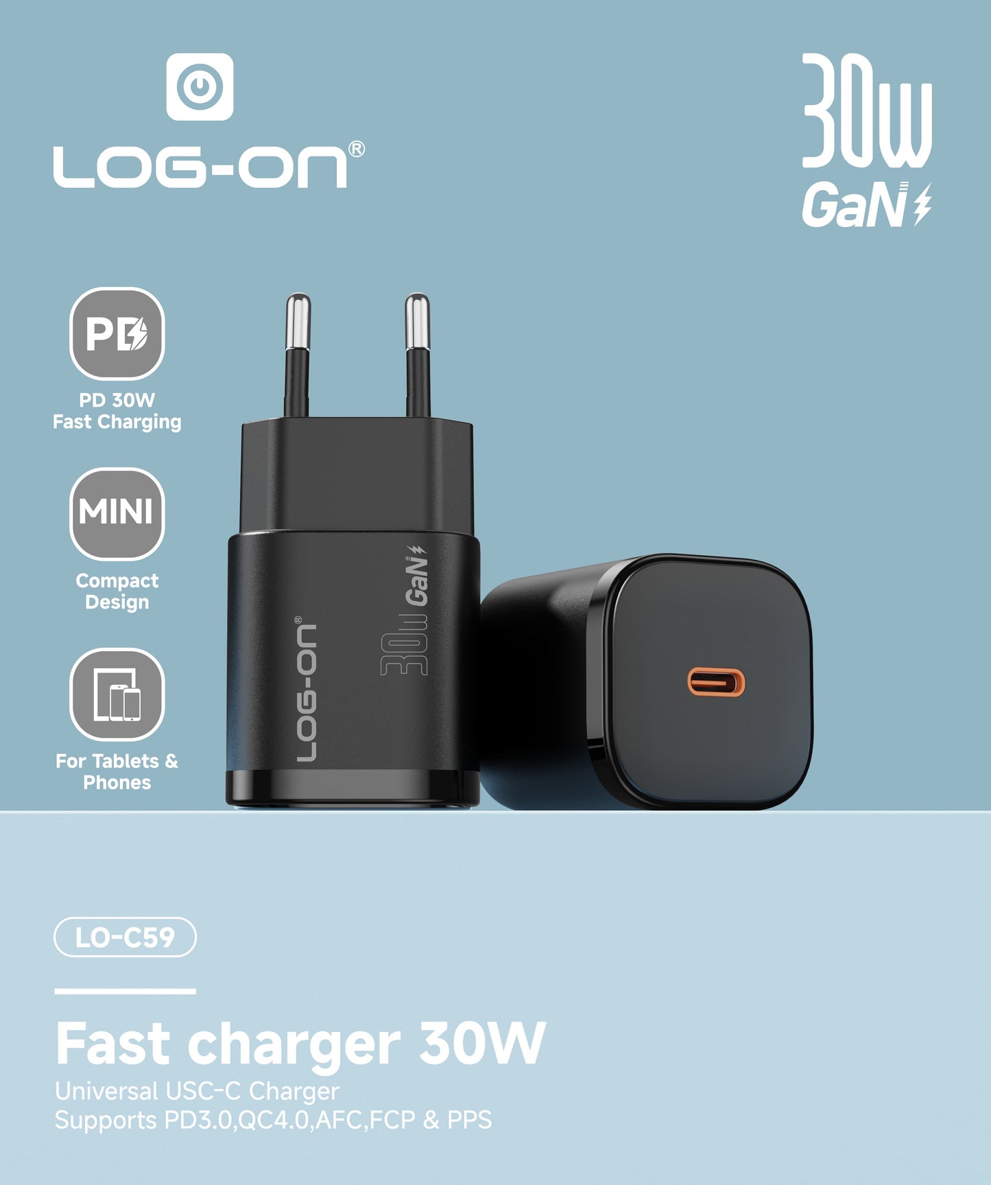 LOG ON ADAPTER QUICK CHARGER 30W LO-C59 Powered by GaN FAst Charging