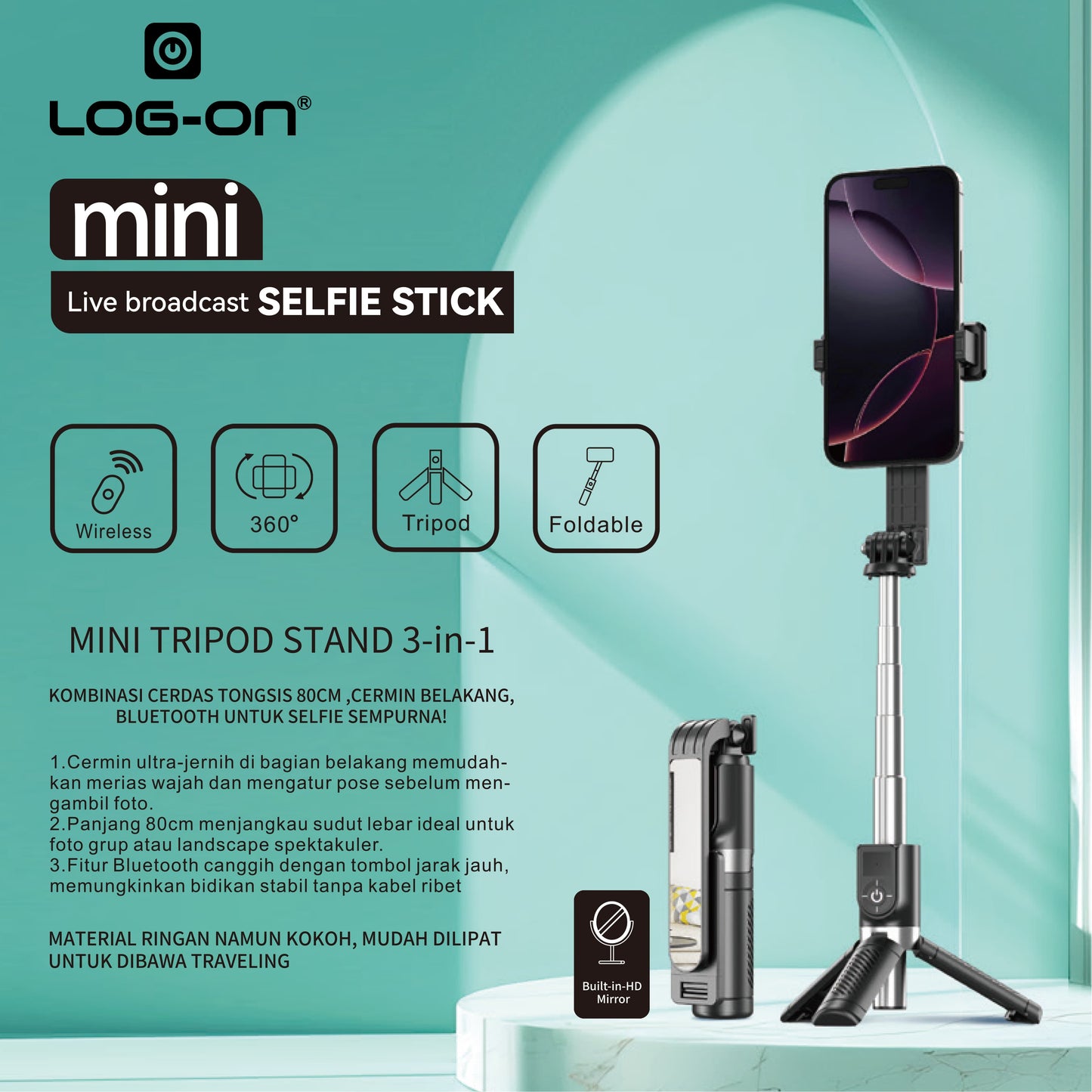 LOG-ON Mini Tripod Stand Mirror 800mm Wireless Selfie Stick LO-TS01