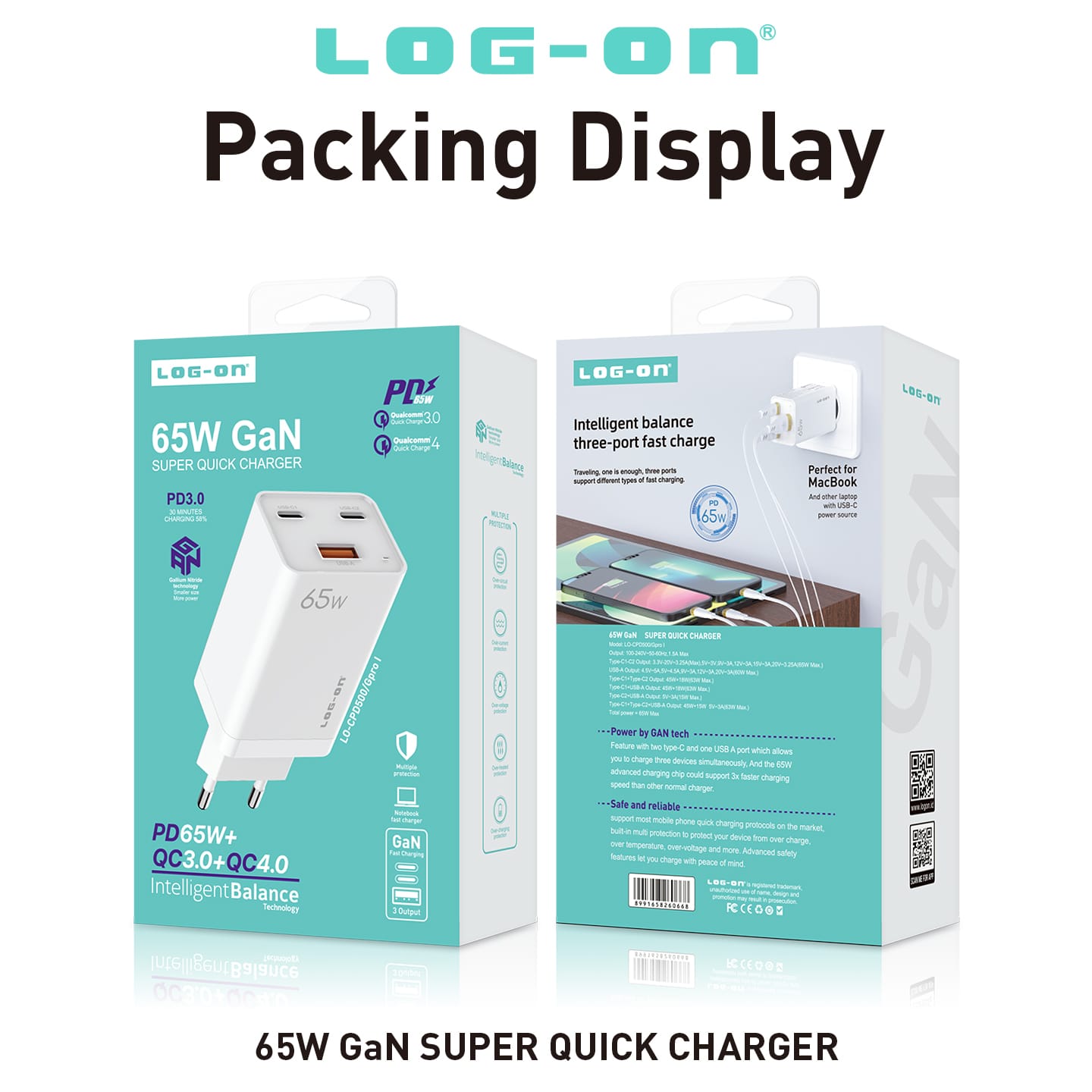 LOG ON CHARGER 3PORT PD 65W + QC 4.0 + QC3.0 LO-CPD500 GaN SUPER QUICK CHARGER-GARANSI RESMI