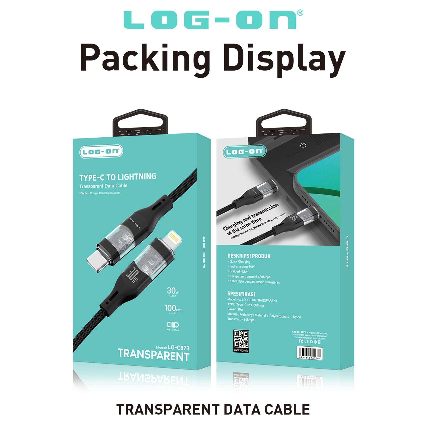 LOG ON KABEL C TO C 65W TRANSPARENT LO-CB73 FAST CHARGING KBL DATA DAN CHARGE