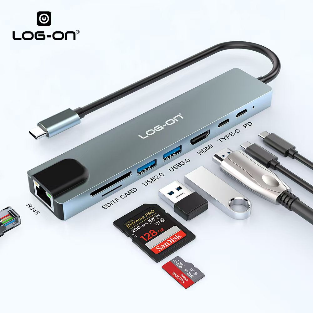 LOG ON 8in1 USB-C HUB Converter to HDMI4K USB Micro SD Card LO-HUB07 Dongle Ethernet RJ45