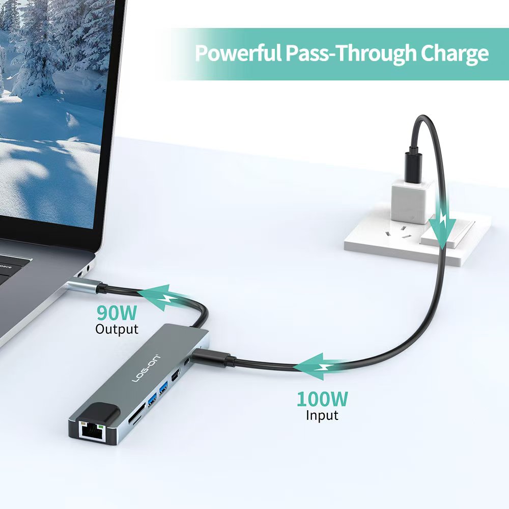 LOG ON 8in1 USB-C HUB Converter to HDMI4K USB Micro SD Card LO-HUB07 Dongle Ethernet RJ45