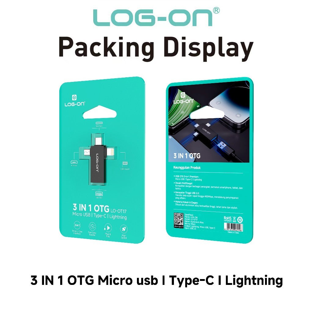 LOG-ON 3 in1 OTG USB For Lightning, Type-C, Micro LO-OT17( bisa digunakan untuk flashdisk dan harddisk sampai 2 TB)