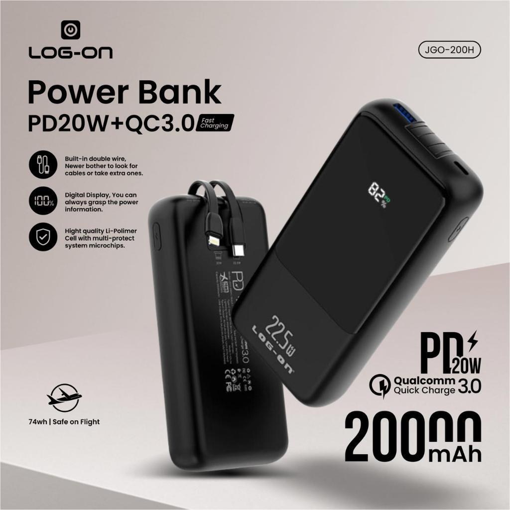 LOG ON POWERBANK 22.5W 20.000mAh PD+QC3.0 JGO-200H BUILT IN CABLE IPHONE, TYPE C FAST CHARGING-GARANSI RESMI