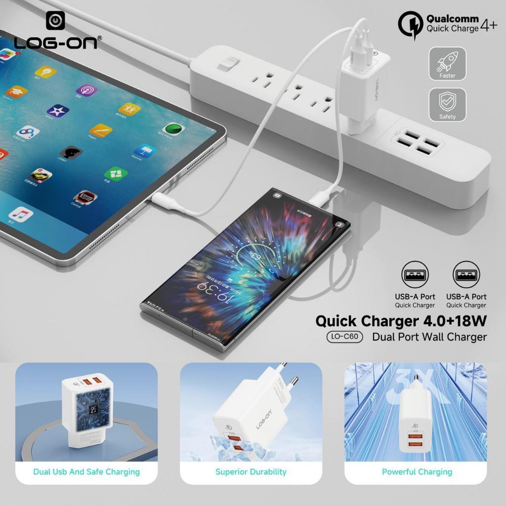 LOG ON CHARGER 18WATT 2USB QC 4.0 LO-C60 +Kabel