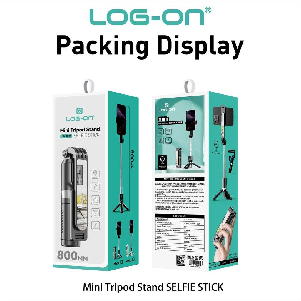 LOG-ON Mini Tripod Stand Mirror 800mm Wireless Selfie Stick LO-TS01 Tongsis mini