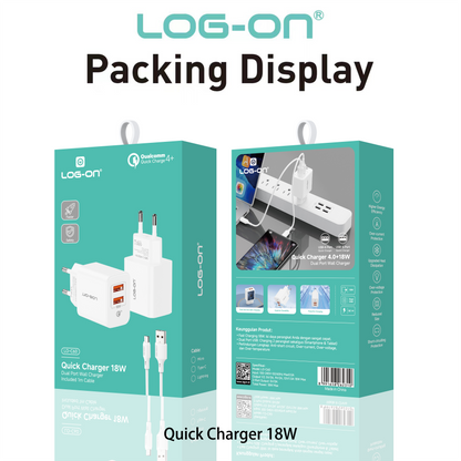 LOG ON CHARGER 18WATT 2USB QC 4.0 LO-C60 (SUDAH TERMASUK KABEL)