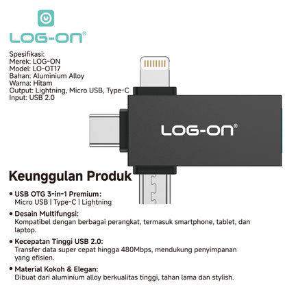 LOG-ON 3 in1 OTG USB For Lightning, Type-C, Micro LO-OT17( bisa digunakan untuk flashdisk dan harddisk sampai 2 TB)