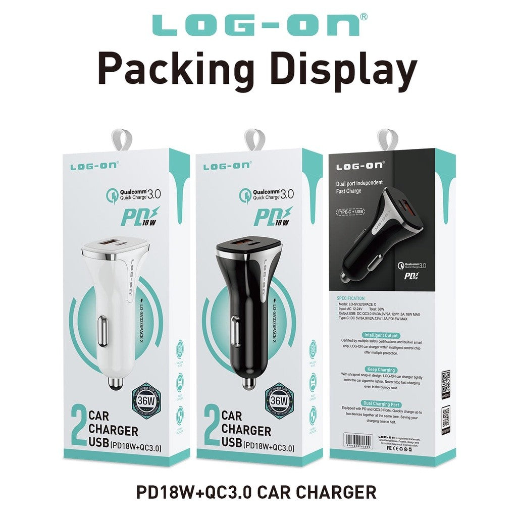 LOG-ON CAR CHARGER 36W PD+QC3.0 SPACE X LO-SV32 (KEPALA CHARGER MOBIL/MOTOR) GARANSI RESMI