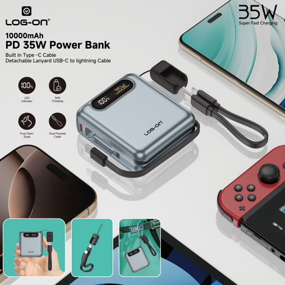 LOG-ON POWERBANK 3C/CCC PD35W 10000MAH JGO-800H BUILT-IN CABLE TYPE C (FREE CABLE C to IOS)FAST CHARGING