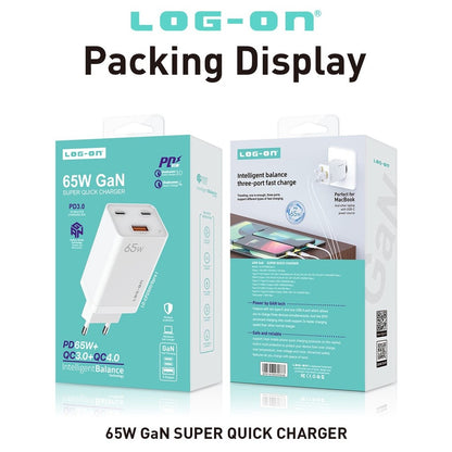 LOG ON CHARGER 3PORT PD 65W + QC 4.0 + QC3.0 LO-CPD500 GaN SUPER QUICK CHARGER-GARANSI RESMI