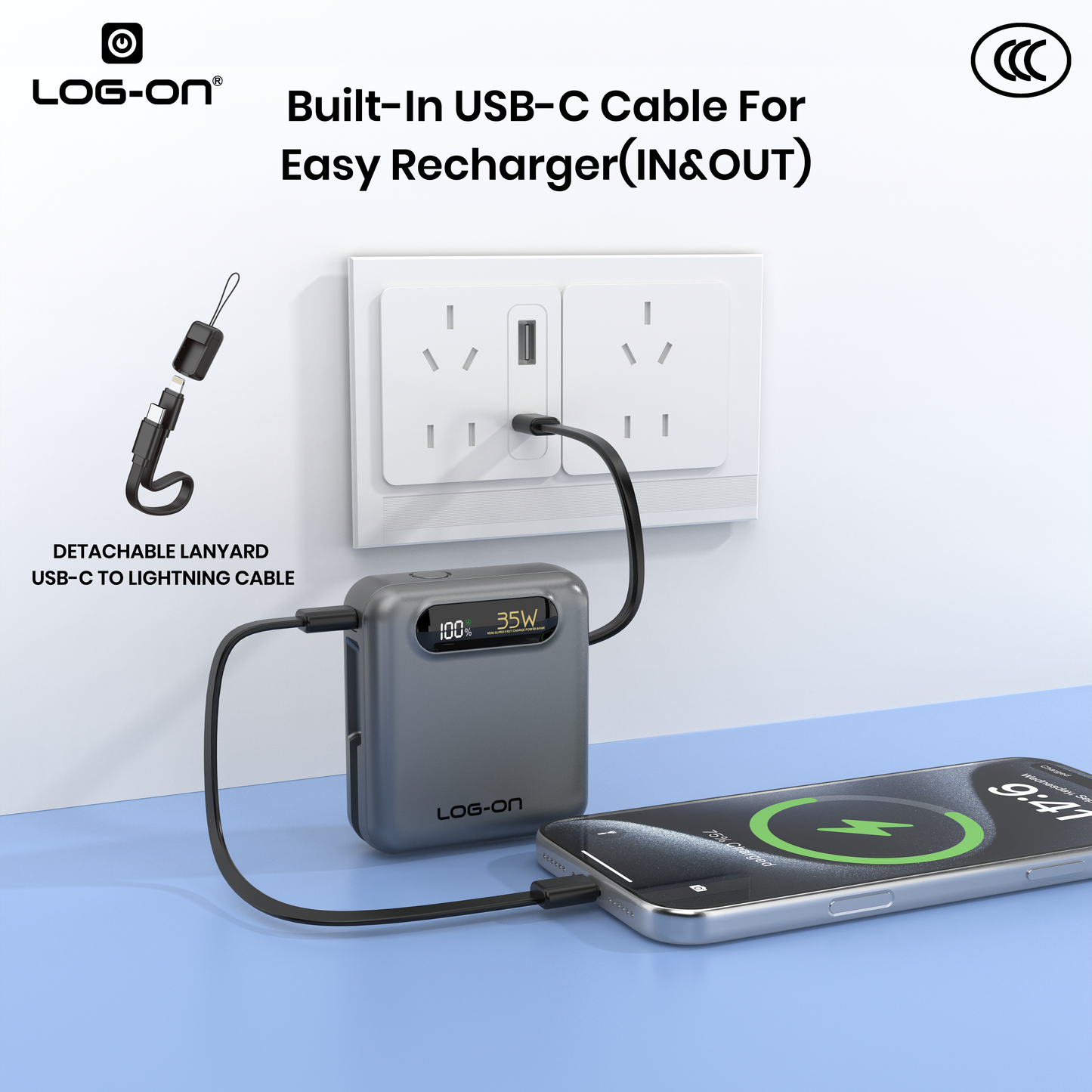 LOG-ON POWERBANK 3C/CCC PD35W 10000MAH JGO-800H BUILT-IN CABLE TYPE C (FREE CABLE C to IOS)FAST CHARGING