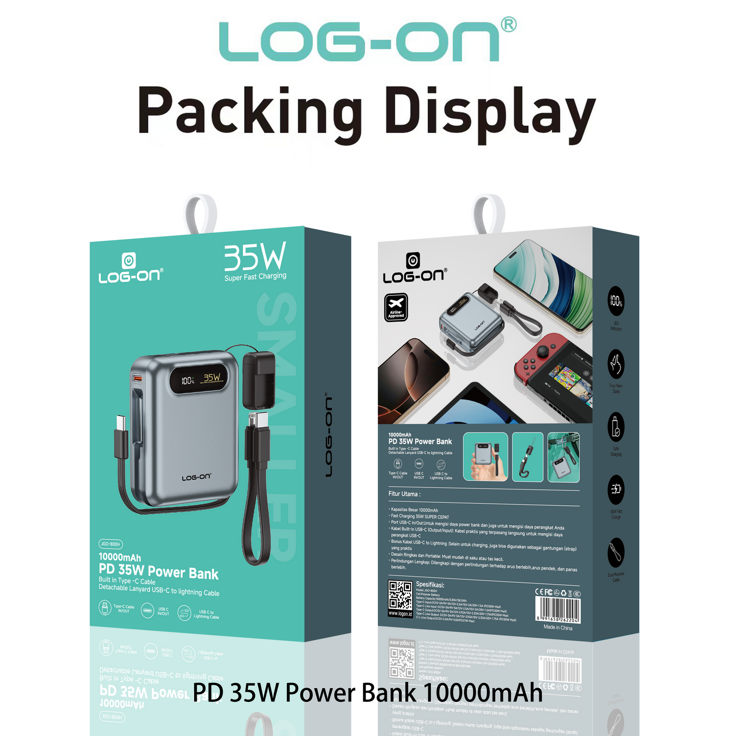 LOG-ON POWERBANK 3C/CCC PD35W 10000MAH JGO-800H BUILT-IN CABLE TYPE C (FREE CABLE C to IOS)FAST CHARGING