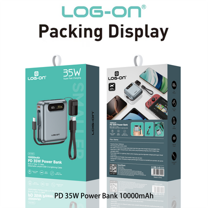 LOG-ON POWERBANK 3C/CCC PD35W 10000MAH JGO-800H BUILT-IN CABLE TYPE C (FREE CABLE C to IOS)FAST CHARGING