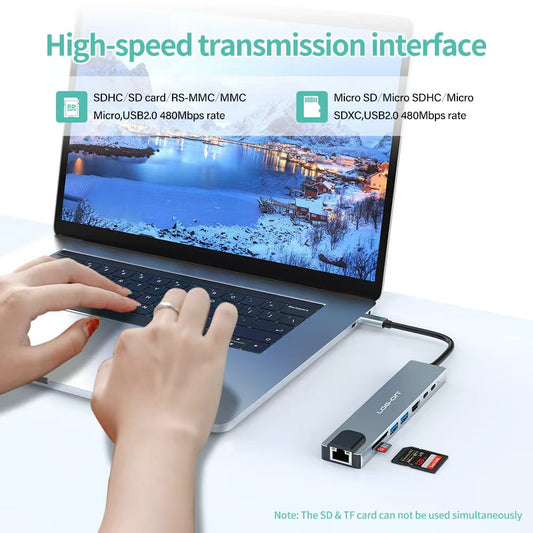 LOG ON 8in1 USB-C HUB Converter to HDMI4K USB Micro SD Card LO-HUB07 Dongle Ethernet RJ45