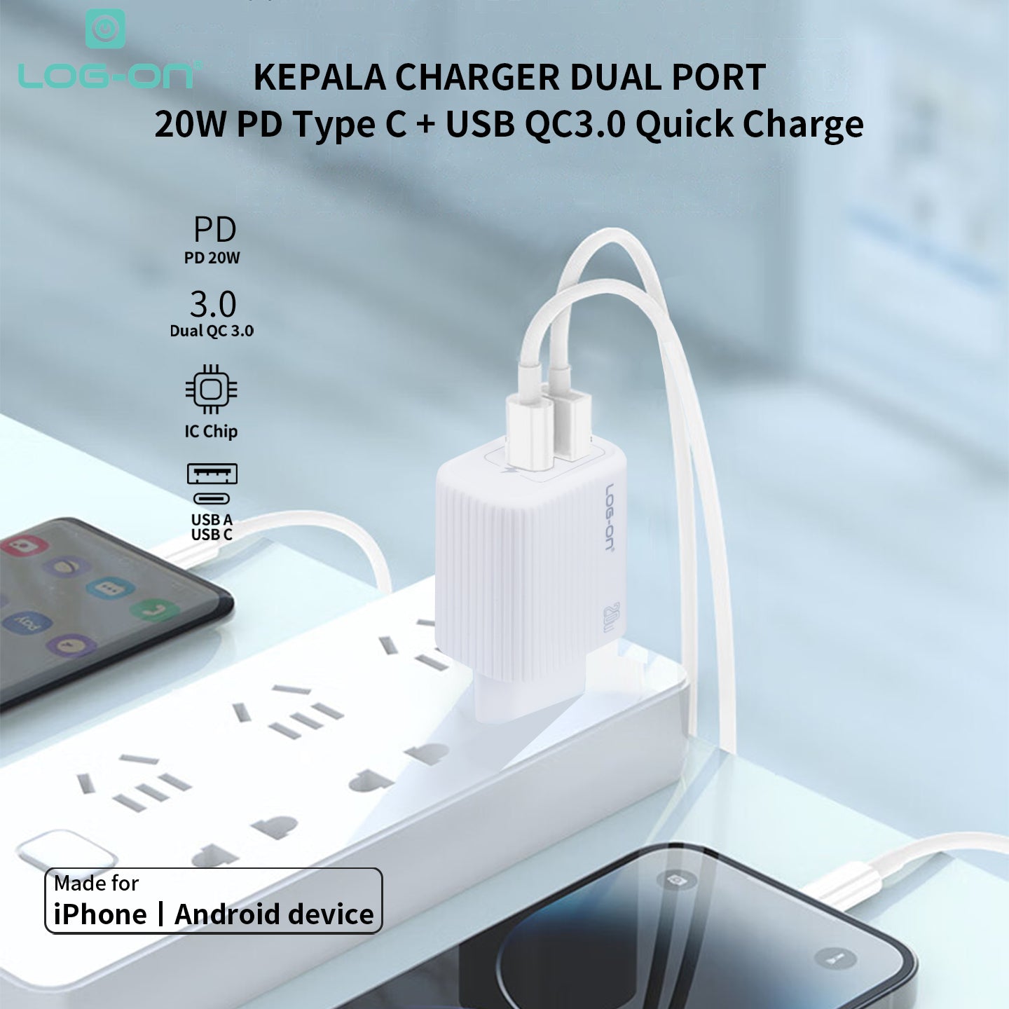LOG ON POWERBANK 22.5W 10.000mAh HULK VII JGO-700H BUILT IN CABLE USB, IPHONE, TYPE C FAST CHARGING-GARANSI RESMI