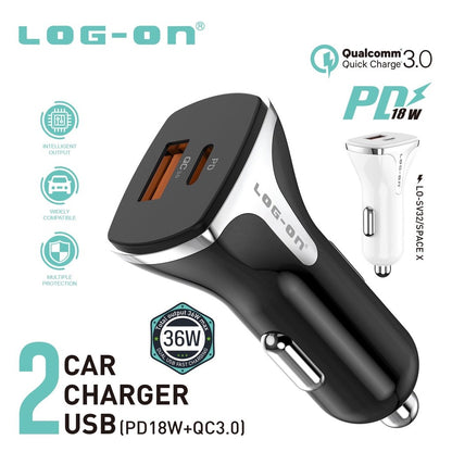LOG-ON CAR CHARGER 36W PD+QC3.0 SPACE X LO-SV32 (KEPALA CHARGER MOBIL/MOTOR) GARANSI RESMI