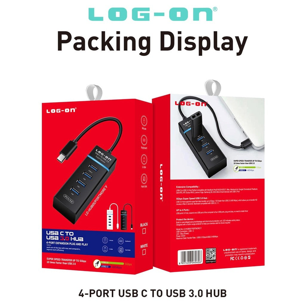 USB HUB LOGON Type C 3.0 4port High Speed Power For Mac,Windows,Linux, 0.15 meter
