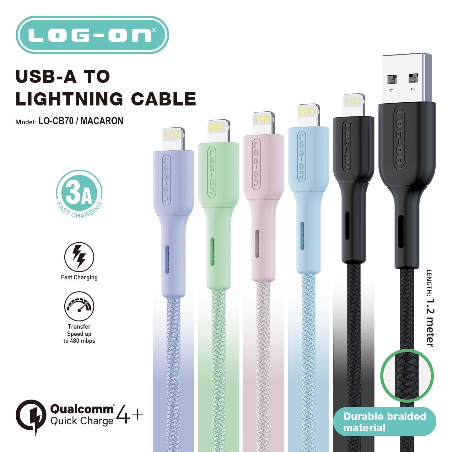 LOG ON KABEL MACARON QUALCOMM 4+ 3A 1.2M LO-CB70 FAST CHARGING