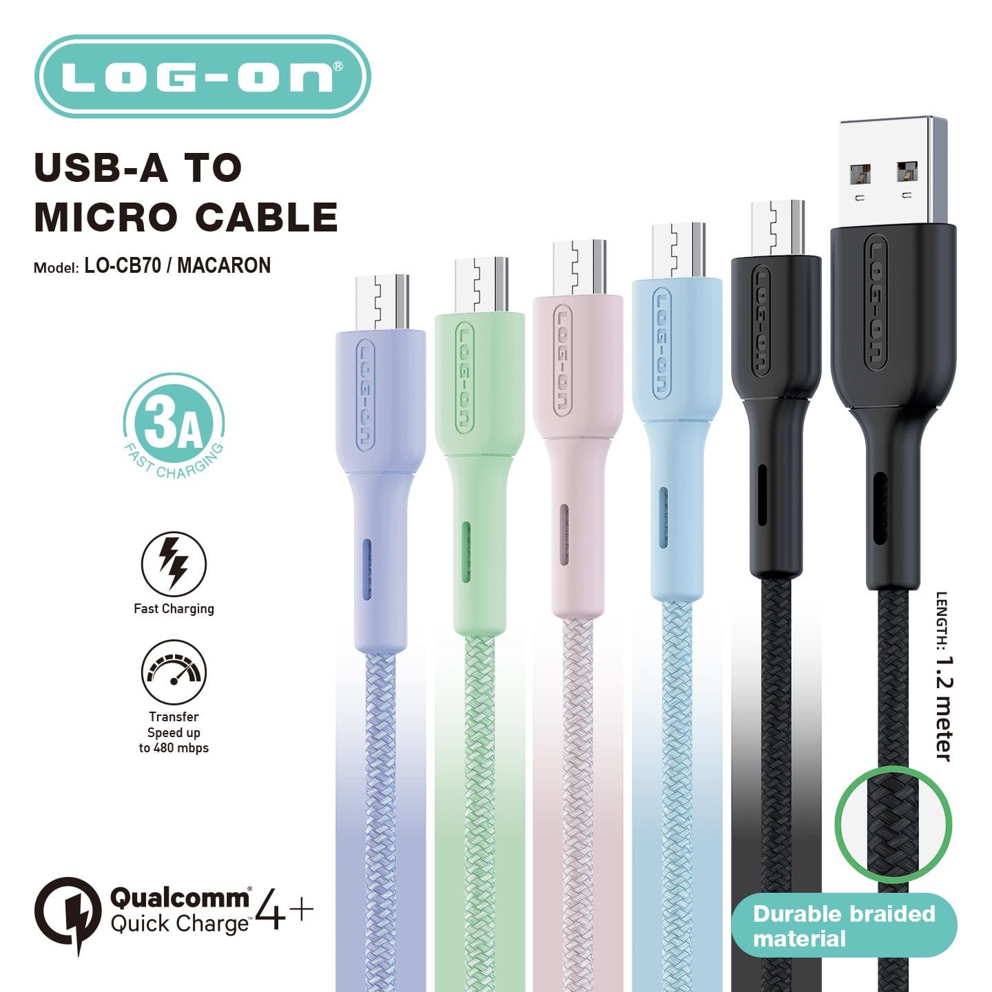 LOG ON KABEL MACARON QUALCOMM 4+ 3A 1.2M LO-CB70 FAST CHARGING