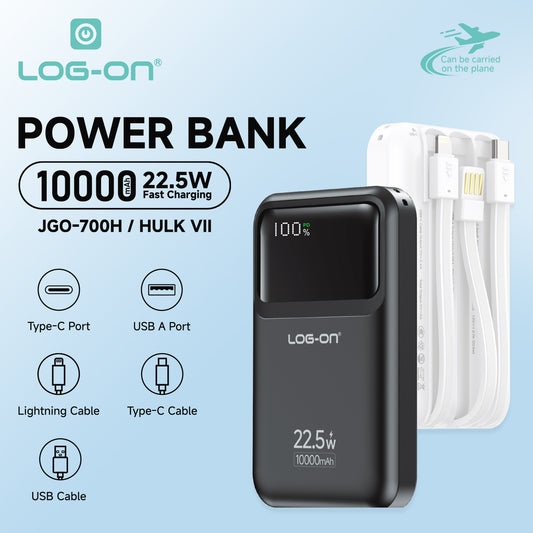 LOG ON POWERBANK 22.5W 10.000mAh HULK VII JGO-700H BUILT IN CABLE USB, IPHONE, TYPE C FAST CHARGING-GARANSI RESMI