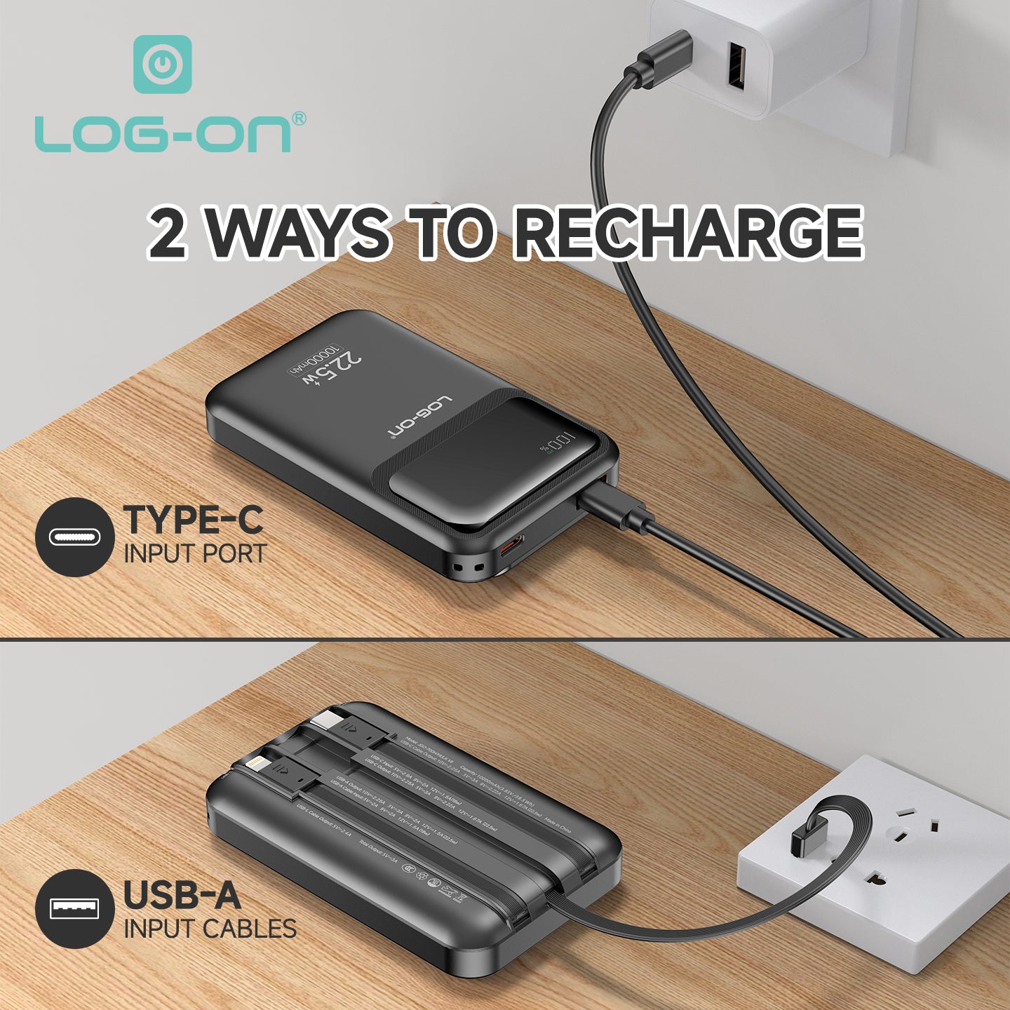 LOG ON POWERBANK 22.5W 10.000mAh HULK VII JGO-700H BUILT IN CABLE USB, IPHONE, TYPE C FAST CHARGING-GARANSI RESMI