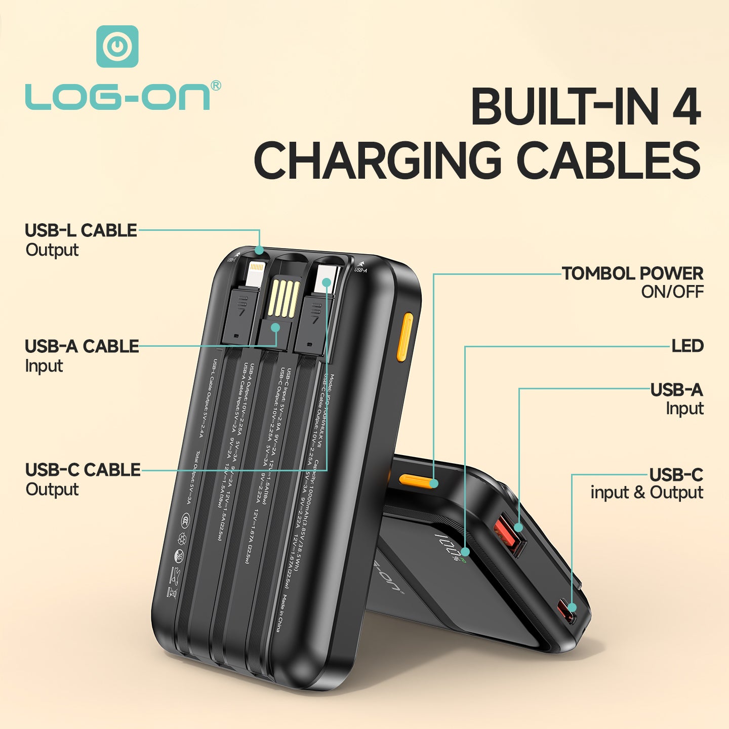 LOG ON POWERBANK 22.5W 10.000mAh HULK VII JGO-700H BUILT IN CABLE USB, IPHONE, TYPE C FAST CHARGING-GARANSI RESMI