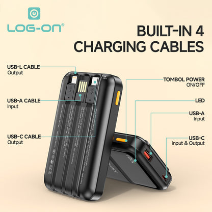 LOG ON POWERBANK 22.5W 10.000mAh HULK VII JGO-700H BUILT IN CABLE USB, IPHONE, TYPE C FAST CHARGING-GARANSI RESMI