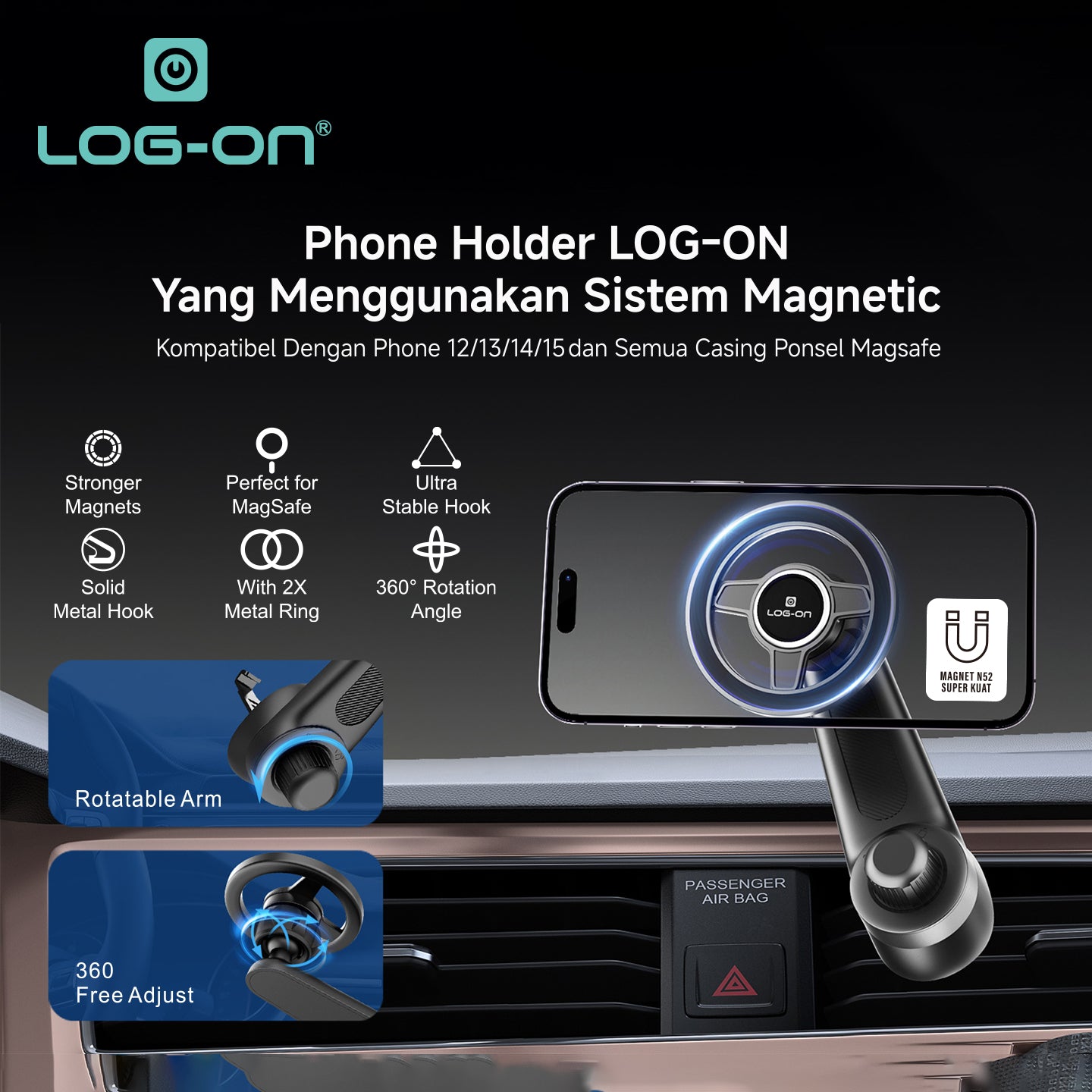 LOG ON MAGSAFE CAR HOLDER (AIR VENT) LO-CRH65 BISA DIGUNAKAN UNTUK SEMUA TYPE SMARTPHONE