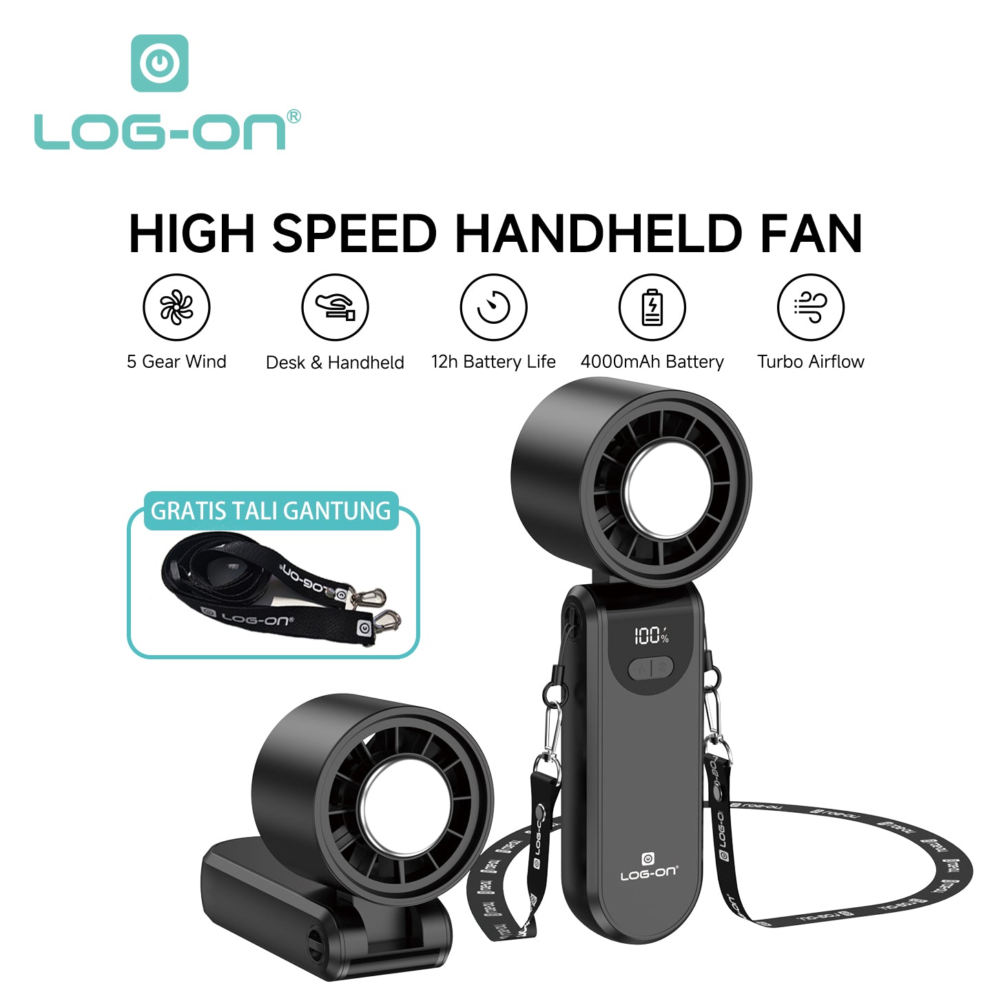 LOG ON KIPAS ANGIN MINI TURBO  COOLING FAN 2.0 KIPAS PENDINGIN MINI HIGH SPEED 4000mAh LO-MFAN1