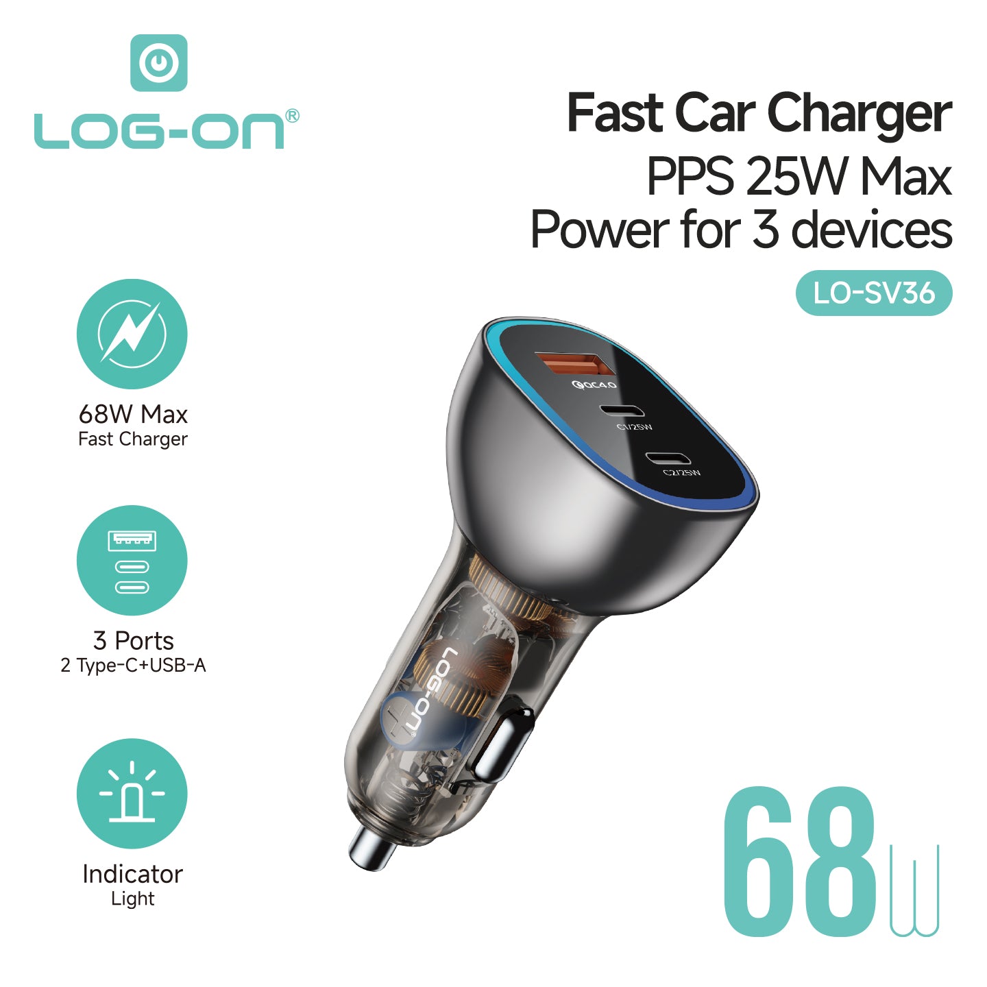 LOG-ON FAST CAR CHARGER 68W LO-SV36 PD QC 3PORT (HANYA KEPALA CHARGER) FAST CHARGING MOBIL