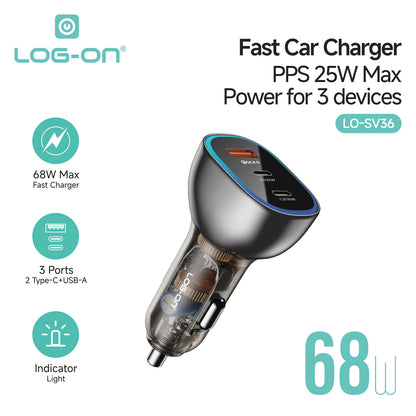 LOG-ON FAST CAR CHARGER 68W LO-SV36 PD QC 3PORT (HANYA KEPALA CHARGER) FAST CHARGING MOBIL