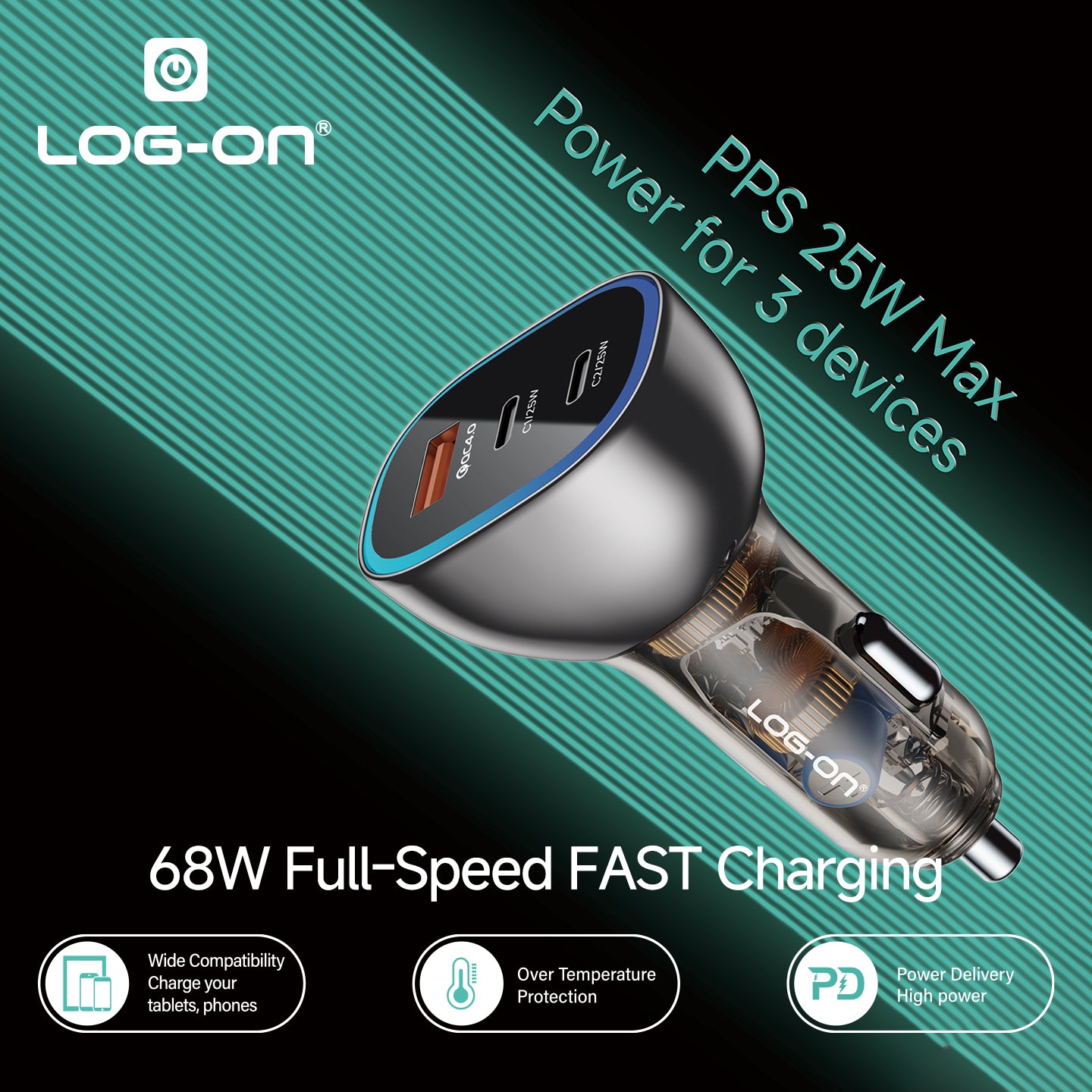LOG-ON FAST CAR CHARGER 68W LO-SV36 PD QC 3PORT (HANYA KEPALA CHARGER) FAST CHARGING MOBIL
