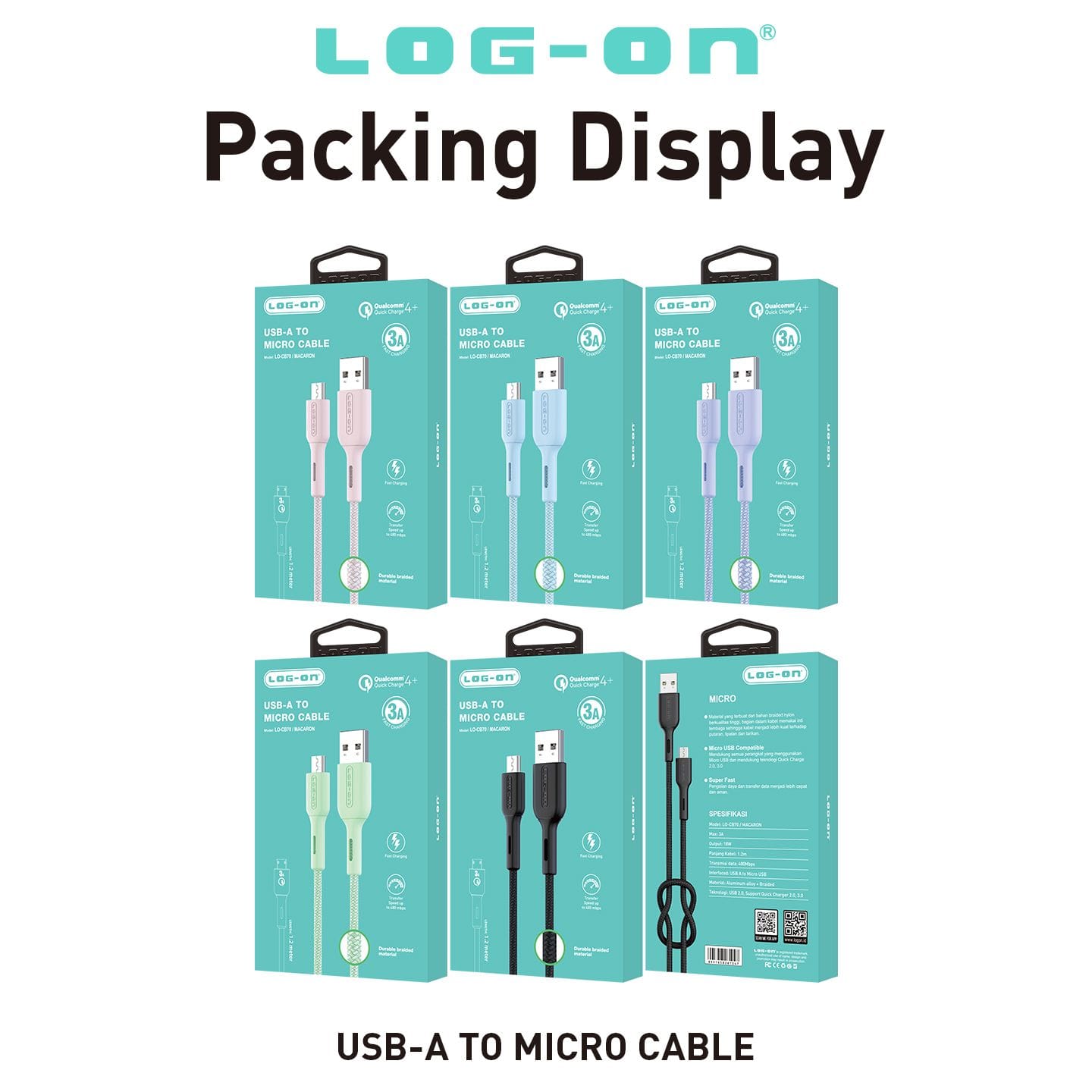 LOG ON KABEL MACARON QUALCOMM 4+ 3A 1.2M LO-CB70 FAST CHARGING