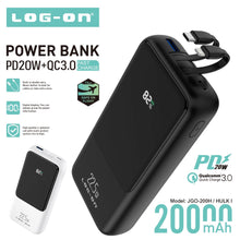 LOG ON POWERBANK 22.5W 20.000mAh PD+QC3.0 JGO-200H BUILT IN CABLE IPHONE, TYPE C FAST CHARGING-GARANSI RESMI