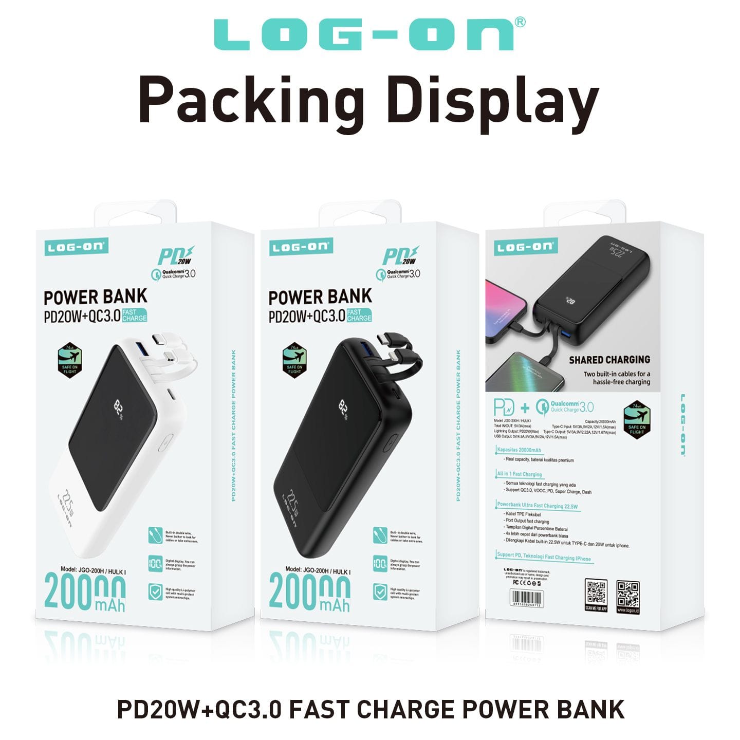 LOG ON POWERBANK 22.5W 20.000mAh PD+QC3.0 JGO-200H BUILT IN CABLE IPHONE, TYPE C FAST CHARGING-GARANSI RESMI