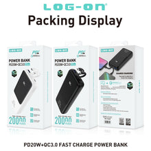 LOG ON POWERBANK 22.5W 20.000mAh PD+QC3.0 JGO-200H BUILT IN CABLE IPHONE, TYPE C FAST CHARGING-GARANSI RESMI