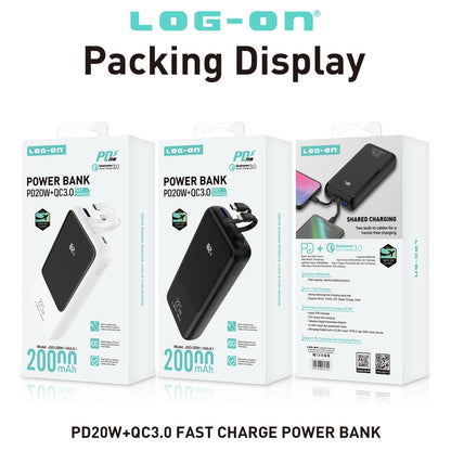 LOG ON POWERBANK 22.5W 20.000mAh PD+QC3.0 JGO-200H BUILT IN CABLE IPHONE, TYPE C FAST CHARGING-GARANSI RESMI