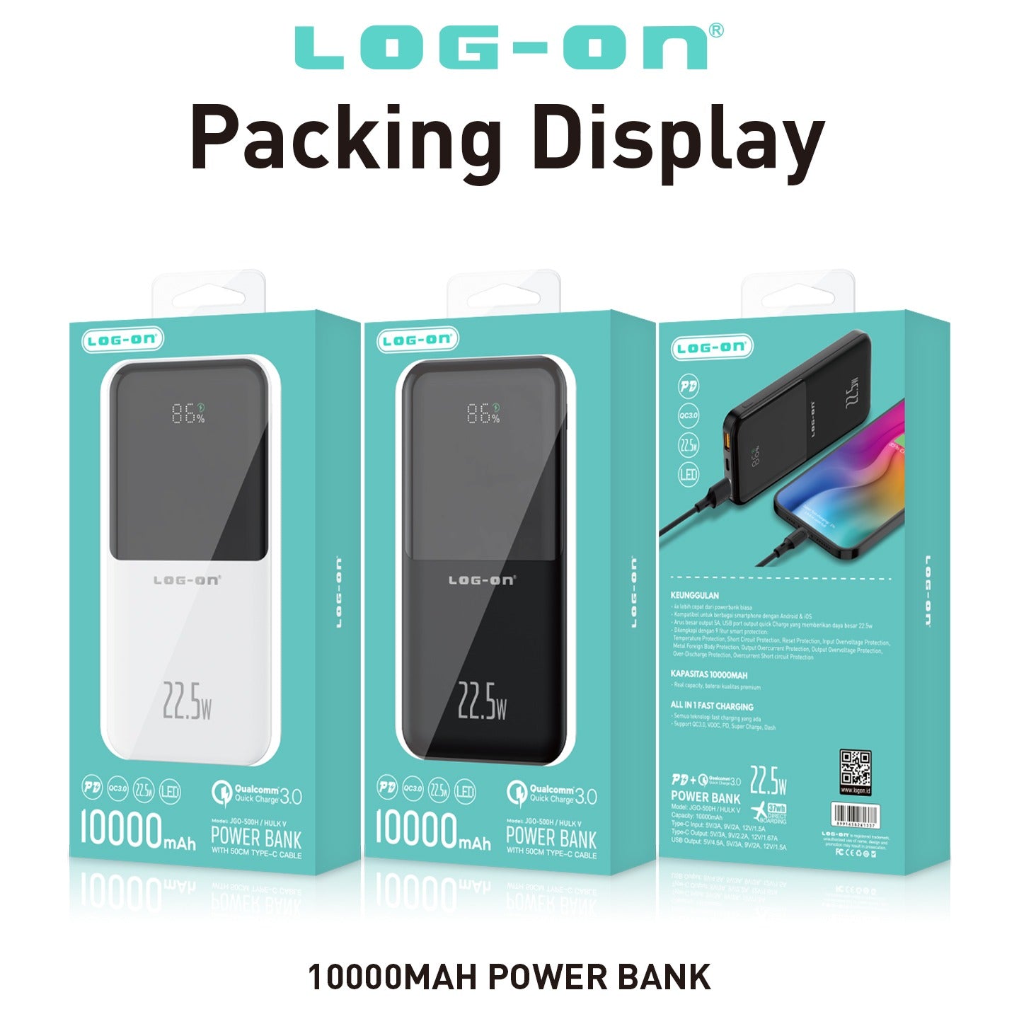 LOG ON POWERBANK HULK V 22.5W 10.000mAh JGO-500H Fast Charging (INCLUDED TYPE C CABLE)